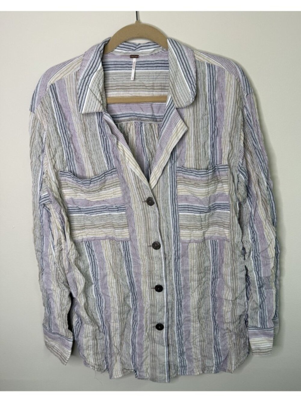 Free People Button Shirt Rainbow Stripe Baggy Gauzy Flowy